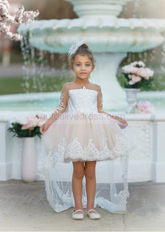 Long Sleeves Embroidered Lace Tulle High Low Flower Girl Dress